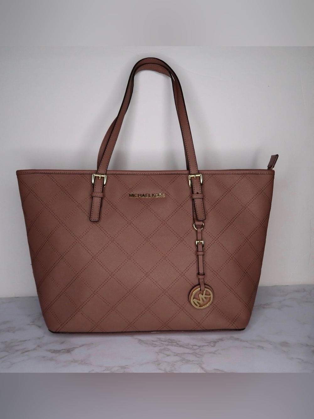 Michael Kors Jet Set Travel Quilted Dusty Rose‎ Leather Tote Handbag